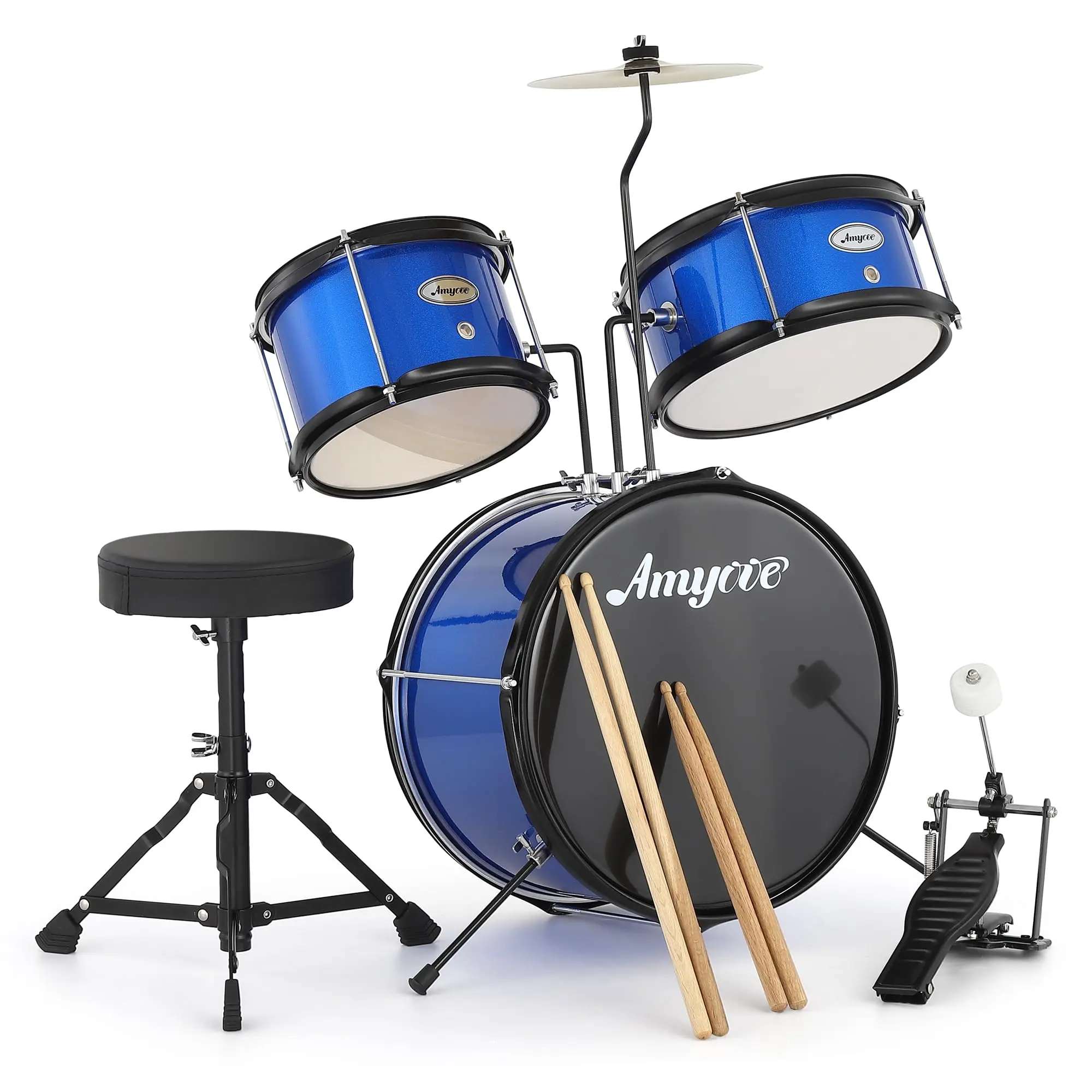 GARVEE3 Piece Junior Drum Set in Blue with Cymbal, 2 Drumsticks, Pedal, 2 Toms, and Throne Stool – Beginner Musical Instrument Kit for Young Musicians