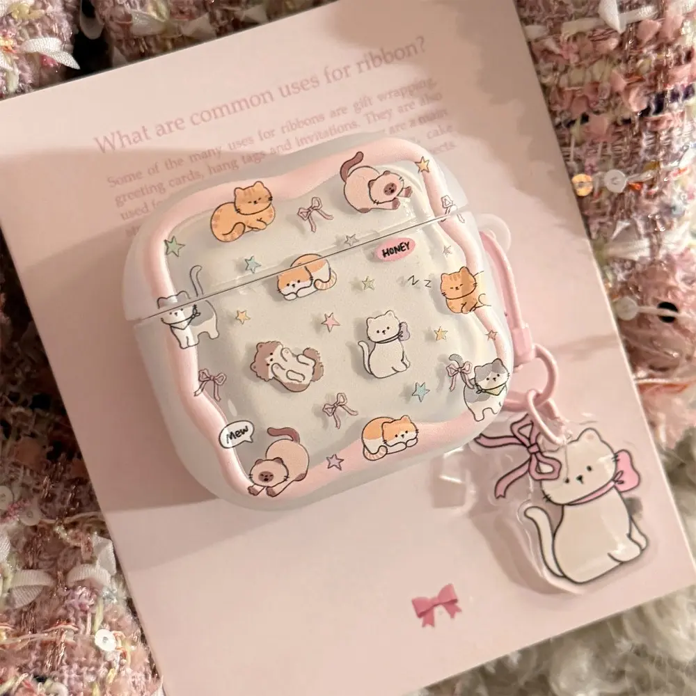 Cute Pink Cartoon Cat AirPods Case with Cat Pendant, Shockproof Soft Earphone Cover Compatible with AirPods 1/3/4 & AirPods Pro 3