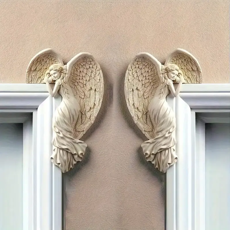 Cute Sleeping Angel Resin Statues with Wings 2 Pack, Door Frame Wall Hanging Decor, No Power Needed for Household, Office, Xmas and Halloween Scene Decoration