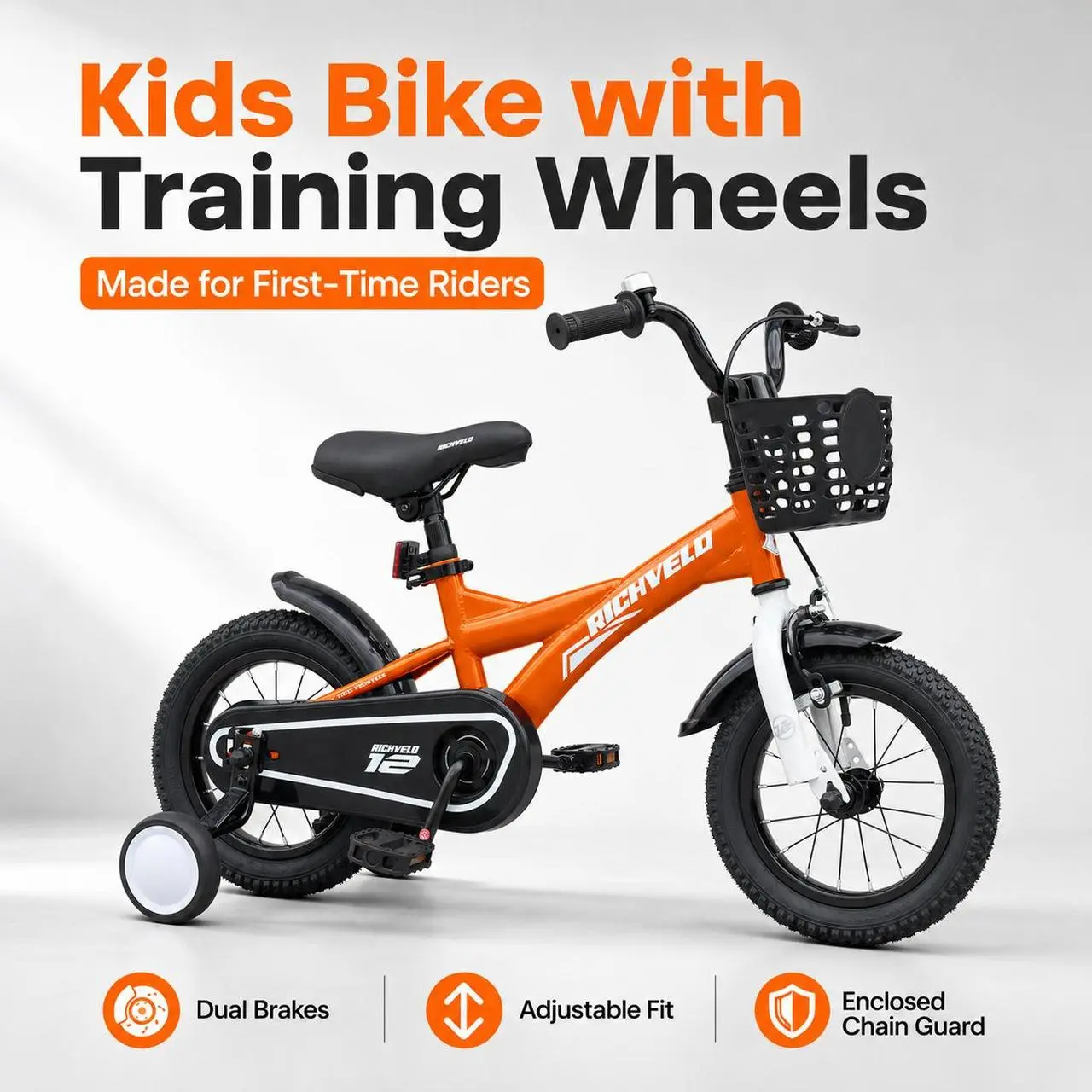 RICHVELO Kids' Bicycle, 12/14/16 Inch Multi-Size First Bike for Boys & Girls with Durable Steel Frame, Height Adjusted Seat, Training Wheels, Front Basket, and Pedal Brake for Kids Outdoor Play, Basket Front, Recreational