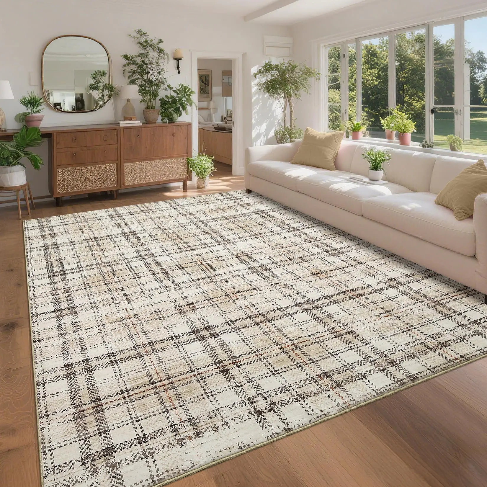 Washable Tartan Plaid Area Rug – Modern Non-Slip Low Pile Carpet – Soft, Collapsible, Farmhouse Accent