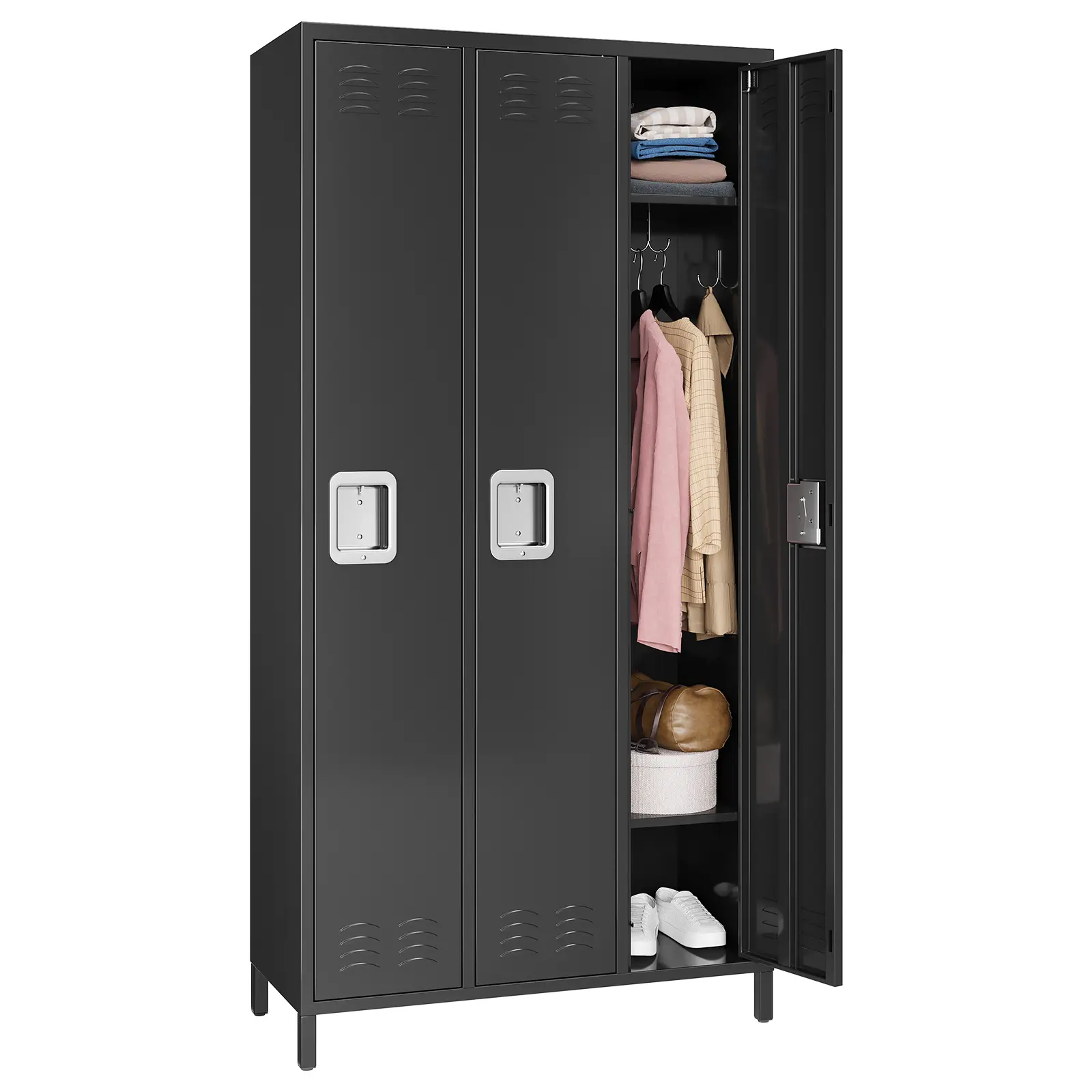 3-Door Metal Employee Storage Locker with 9 Hanging Hooks, Lockable Steel Locker Organizer for Garage, School, Office, Gym & Home Use, Assembly Required