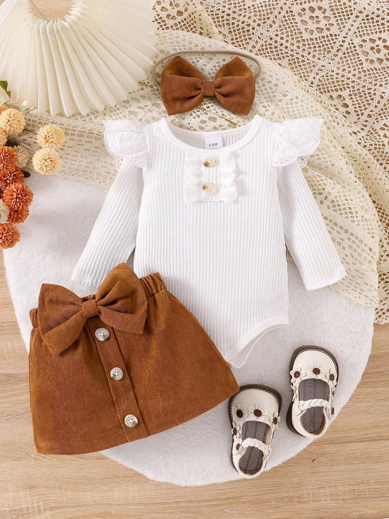 Baby Girl Solid Color Long Sleeve Button Dress and Bow Skirt Set with Hairband, Spring & Fall, Cute Baby Clothing