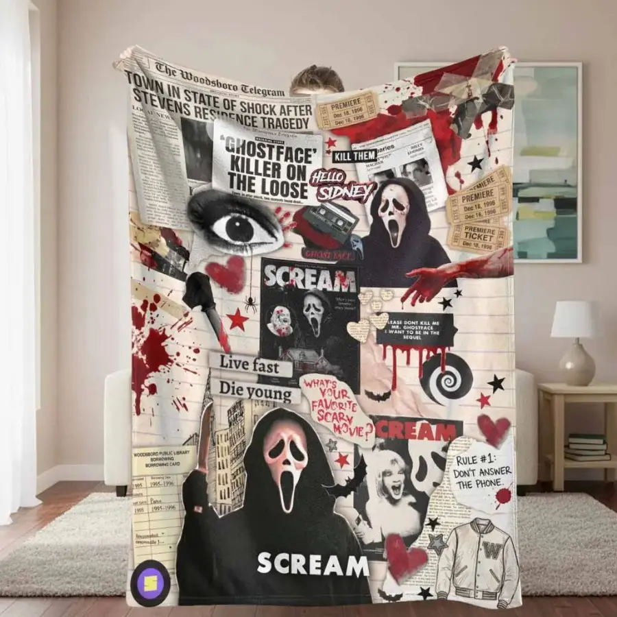 Ghostface Horror Collage Throw Blanket, Retro Newspaper Graphic Soft Plush Bed Blanket for Couch Sofa Movie Nights Halloween Decor, Gift for Horror Fans