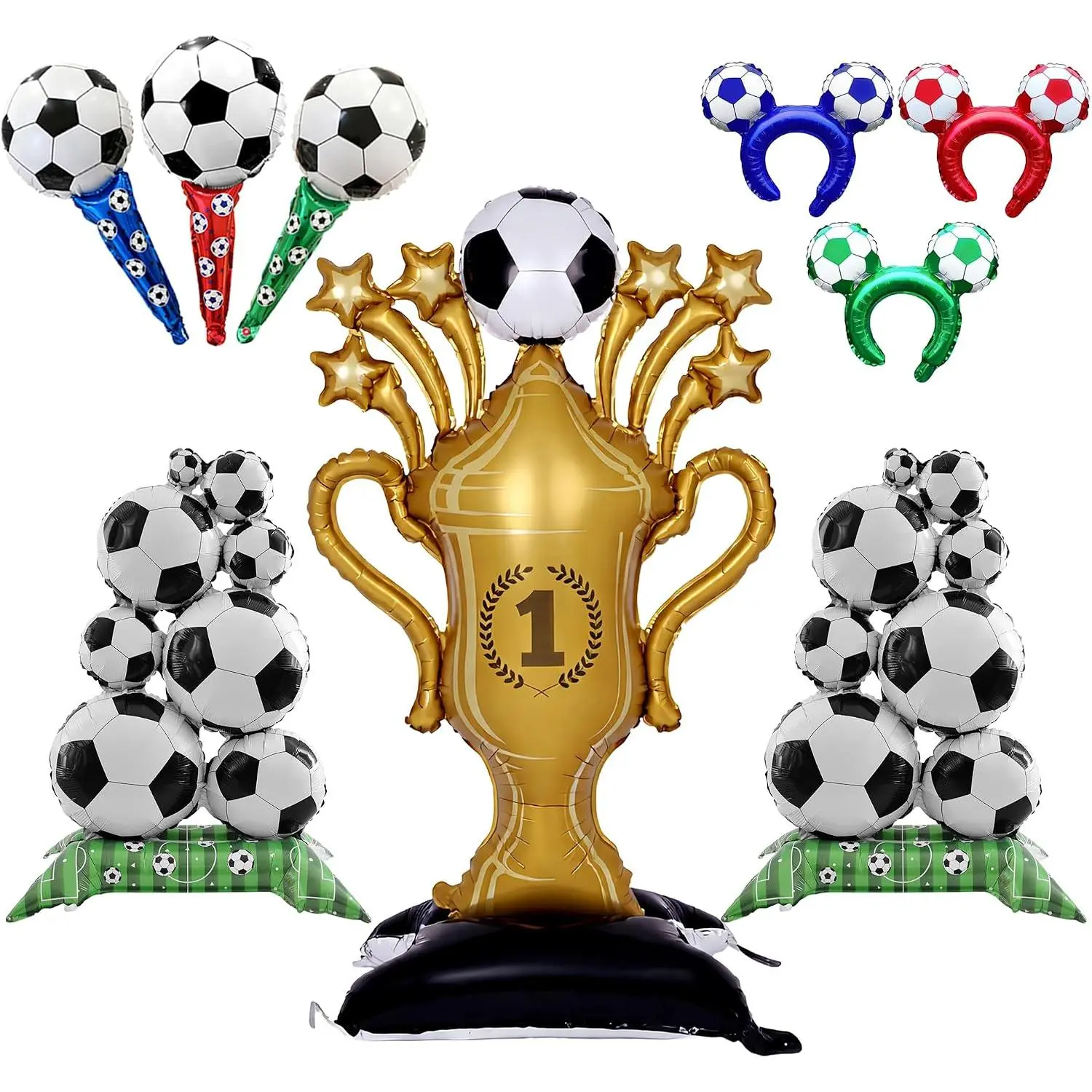 2026 World Soccer Party Decorations 21 count Soccer Balloons Set with 59" Large  Trophy Balloon, Self-Standing Soccer Foil Balloons,  Sticks and Headbands,  Theme Birthday Party Supplies