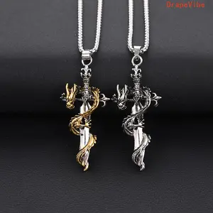 Golden Dragon Cross Sword Pendant Necklace, Unisex Creative Jewelry For Street Style, Party And Daily Wear