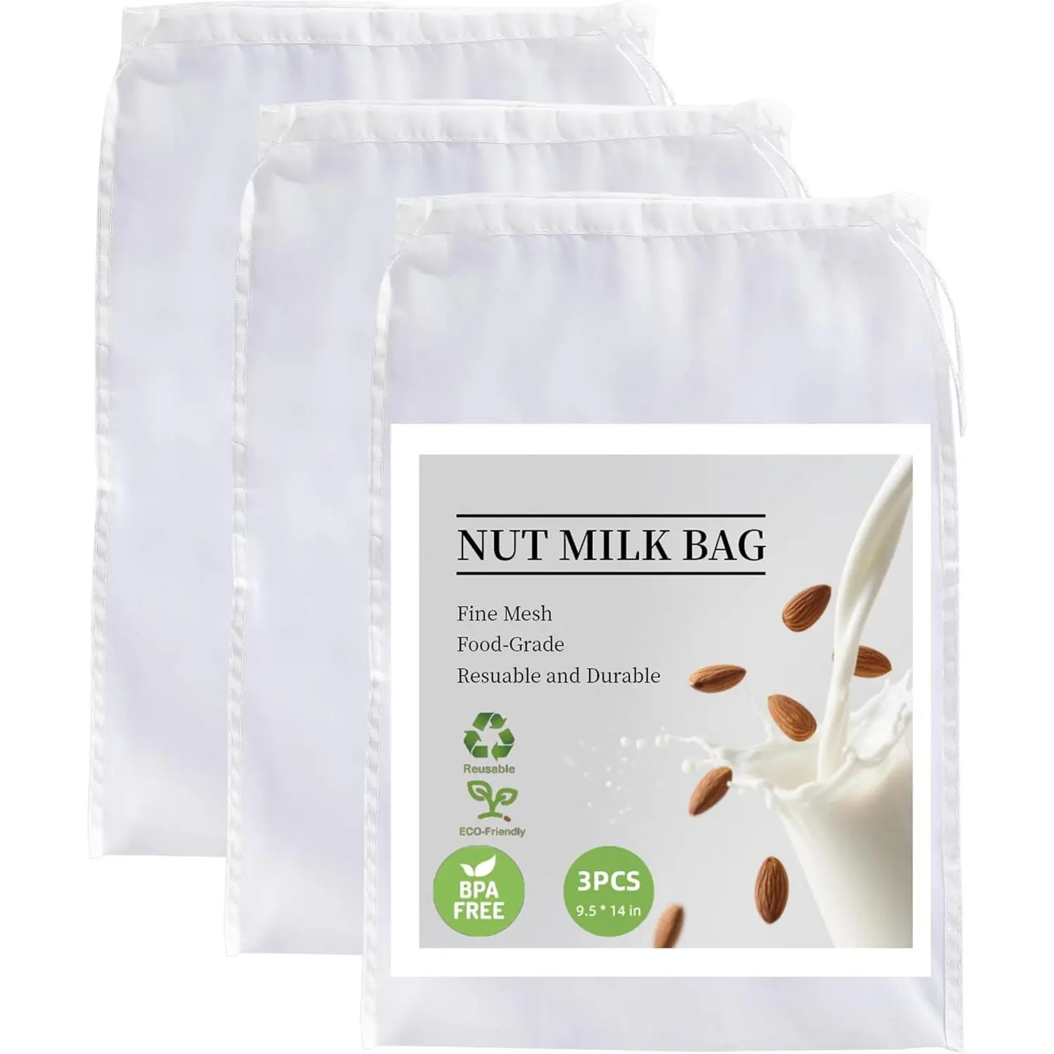 3 Pack  Nut Milk Bag, -Grade Nylon Cheese Cloth Bag for Straining,  Fine Mesh Strainer Bags with Drawstring for Nut Milk, Cold Brew Coffee, Greek Yogurt,  and Juice, 9.5"x14"