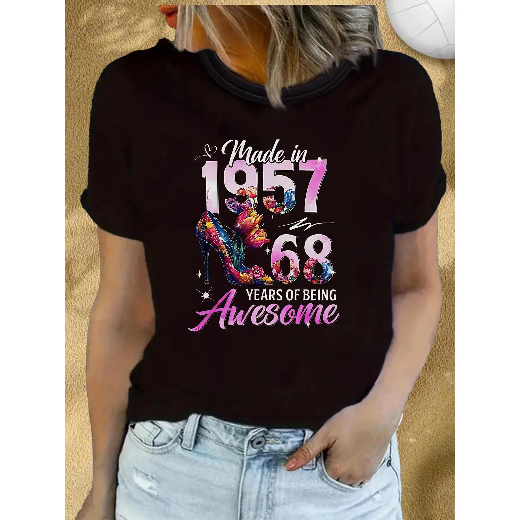 Women's Vintage 1957 Graphic Casual Wear Sports Top - 100% Cotton Short-Sleeve Round Neck 68th Birthday Gift for Ladies