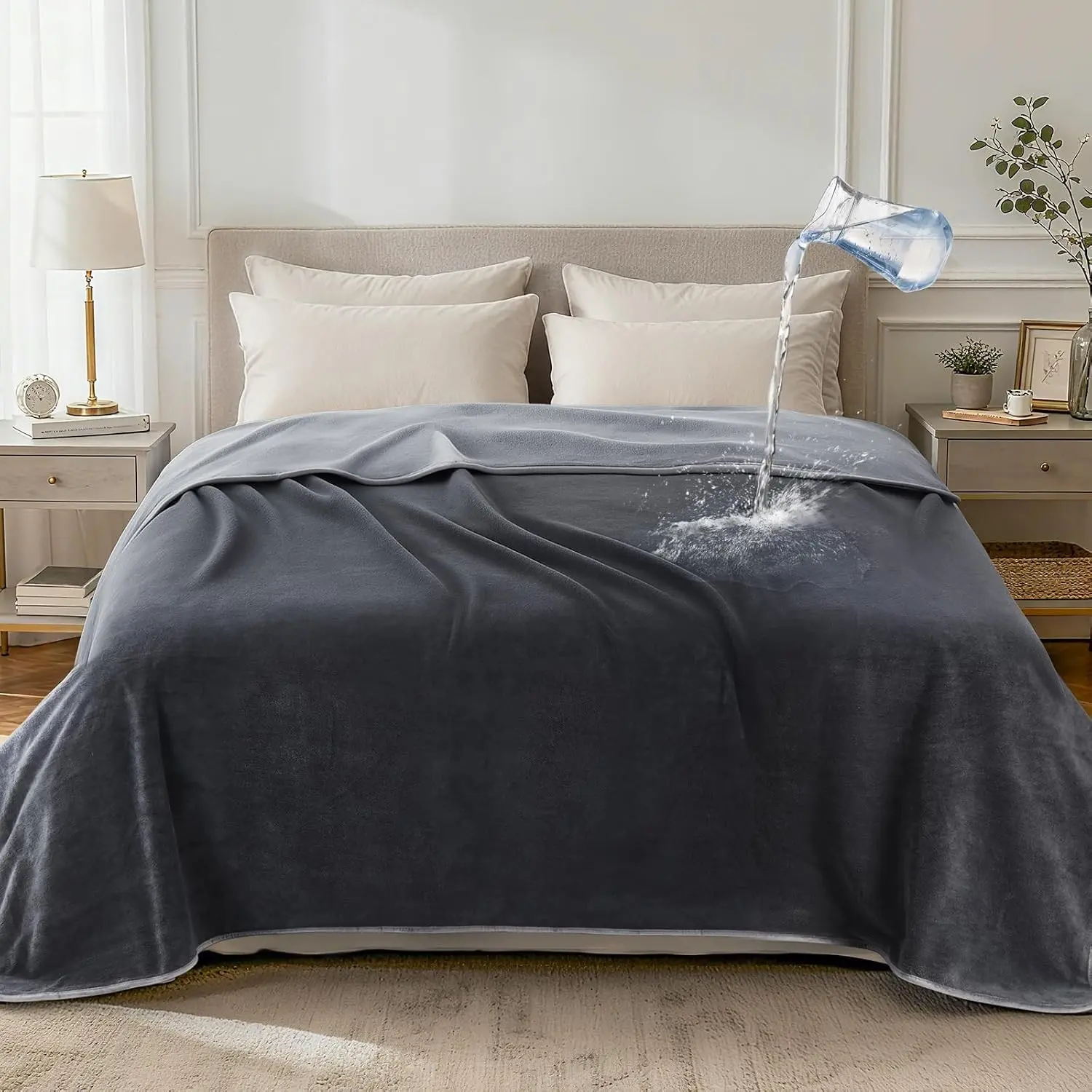 Waterproof Blanket for Bed: Reversible Leakproof Full/Queen Bed Blankets 80" x 90", Soft Flannel & Coral Fleece Bed Blanket Water Resistant for Couch Sofa Cover, Movie Time, Camping, Grey