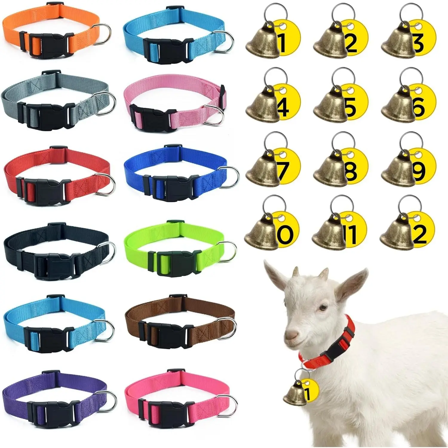 12-Pack Goat Collars with Bells and Numbered Tags, Adjustable Nylon Grazing Collars with Copper Bells, Suitable for Small Farm Animals Including Goats, Sheep, Cows