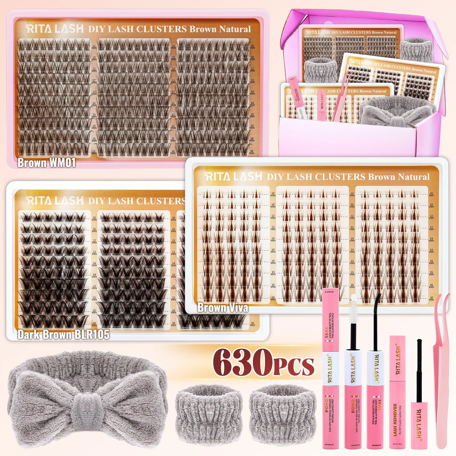 RITALASH 630PCS Brown Lash Clusters Kit Natural Wispy Lashes Cluster Dark Brown Eyelash Clusters Kit  Large Pack False Eyelashes Set For DIY Waterproof & Long - Lasting (WM01-BLR105-Viva)