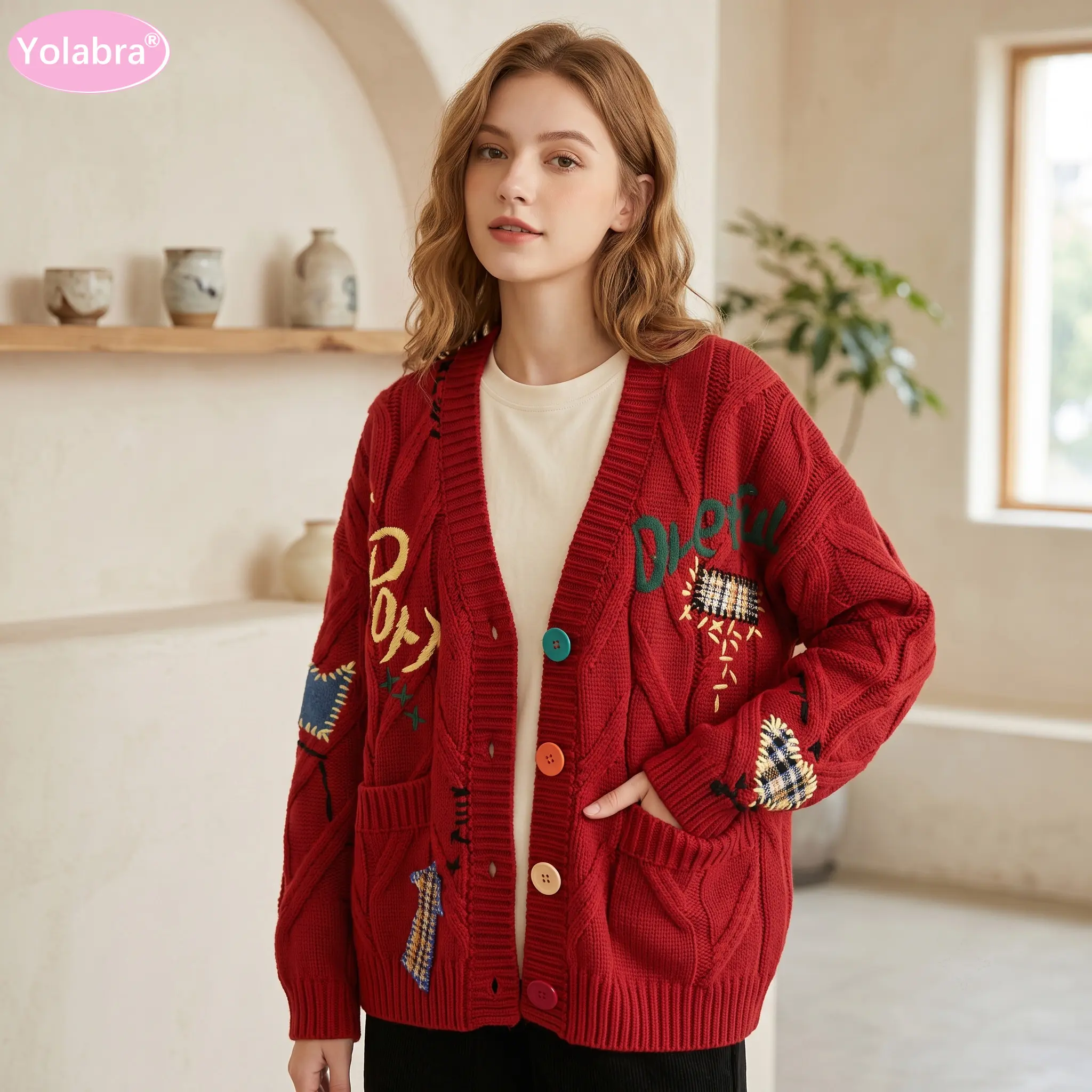Yolabra Chunky Twisted Braided Textured Loose Fit Jumper Coat Dual Front Patch Pockets Long Sleeve Layering Cardigan Retro Vintage Stitched Detail Fun Streetwear Knitwear Ribbed Trim On Cuffs, Hem And Front Placket Cardigan