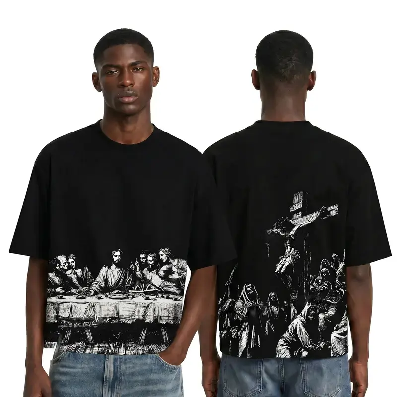 Men's Gothic-style streetwear T-shirt; loose-fitting, cropped, breathable polyester and ice silk top featuring a Jesus print; soft and breathable fabric; ribbed collar, hem, and fabric; men's apparel, Shortsleeve