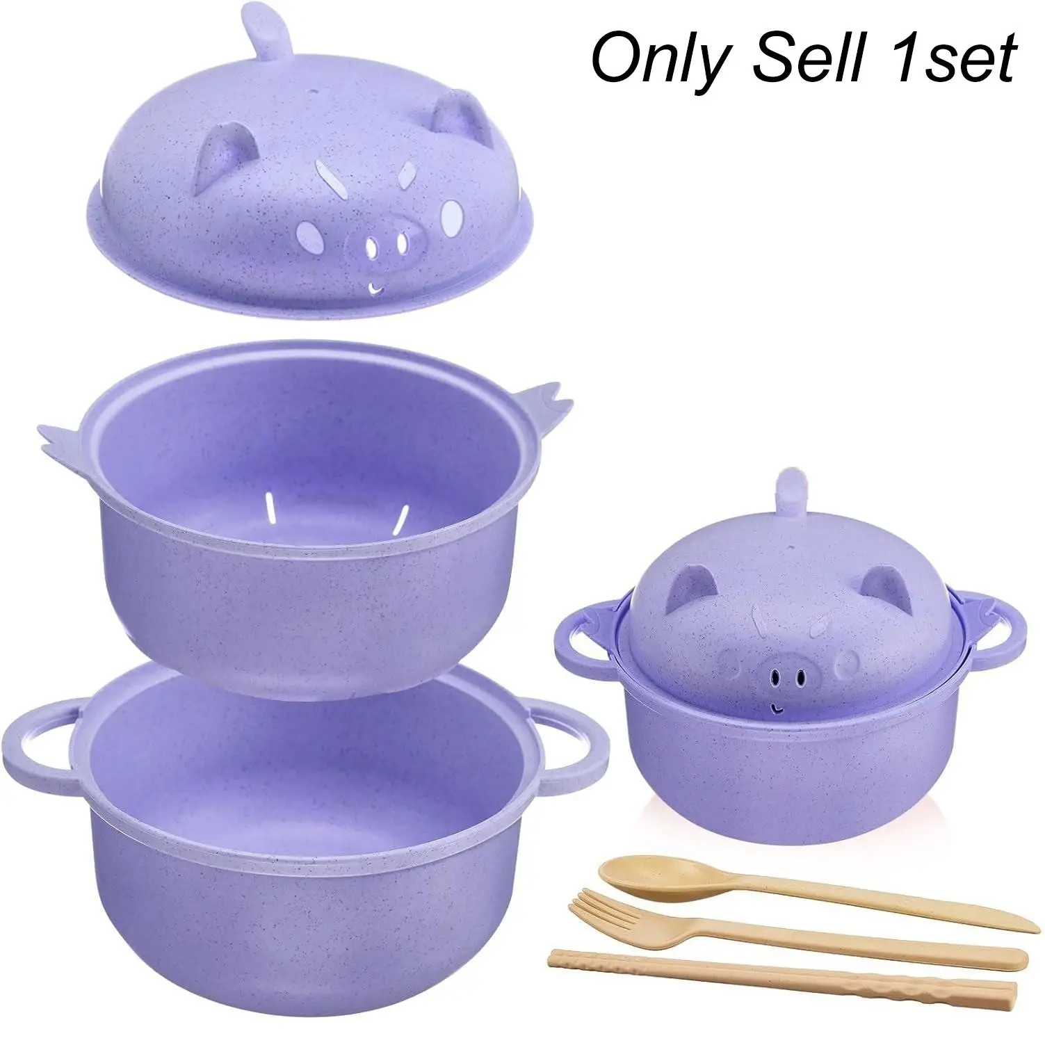 Large 40 Oz Ramen Soup Bowls Set, Microwave Safe Bowls, Cute Pig Design, Includes Straw, Filter Lid, Handle, Spoon, Chopsticks, Fork, Home, Dorm, College Gift
