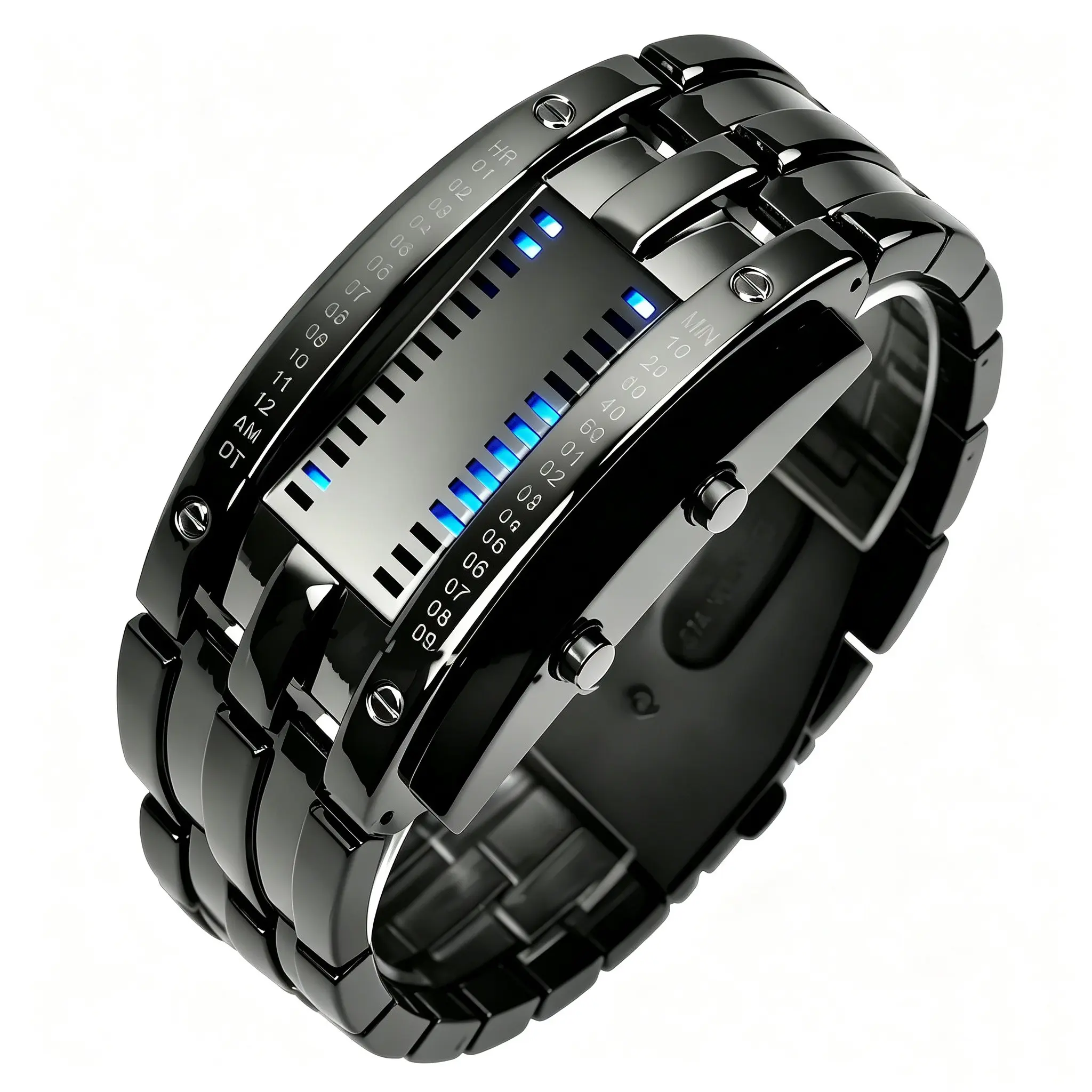 Men's Cool Binary Watch Stainless Steel LED Bracelet Style Fashion Blue Light Sports Watch Vacuum Plated