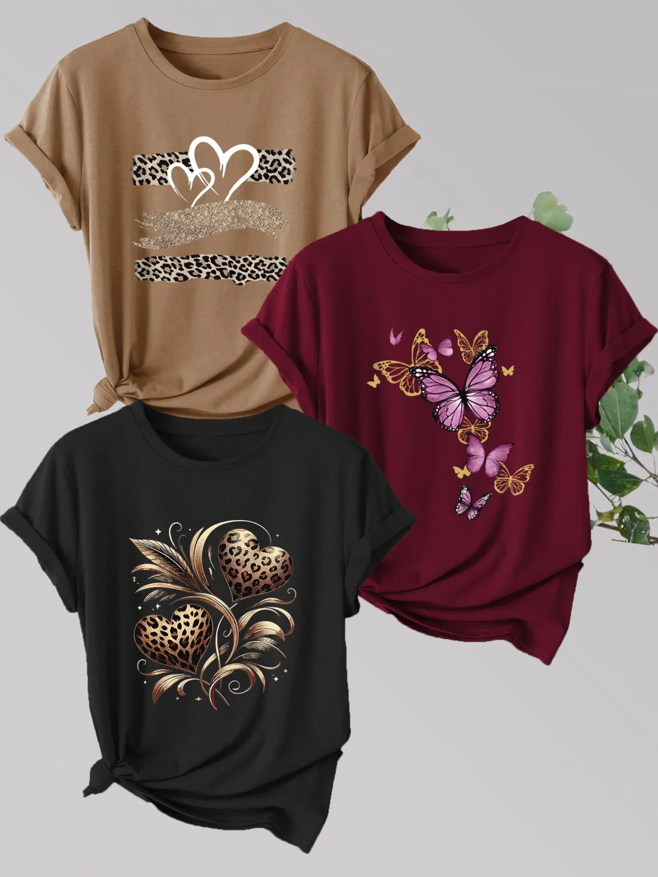 3-Pack Women's Casual Everyday T-Shirts, Leopard Heart Butterfly Print, Polyester, Round Neck Short Sleeve, Spring Summer Comfort, Tops