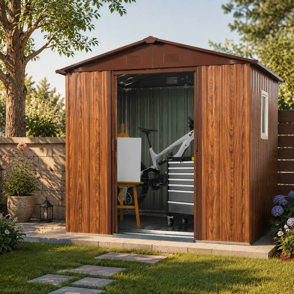 6x6ft Painted Galvanized Steel Outdoor Storage Shed with Window, Foundation, Lockable Sliding Door, Anchors, Hanging Shelf, Durable Storage System Shelf – Heavy Duty Garden Tool Building for Backyard Lawn Equipment (Coffee Color Option)