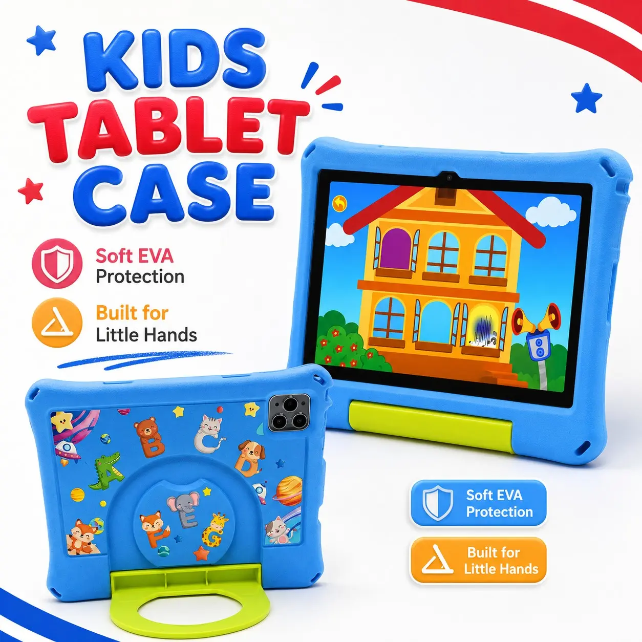 10.1 Inch Kids Tablet, 4GB RAM 64GB ROM, Android 12, Dual Camera, Kid-Proof Case with Handle, WiFi Learning Tablet for Toddlers, Holiday Gift, Durable