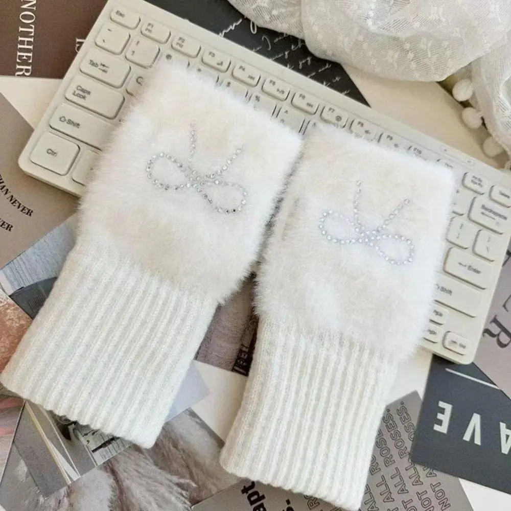 Women's Fingerless Gloves Sparkly Rhinestone Coquette Style Soft Knitted Warm Half Finger Mittens for Texting Typing in Winter