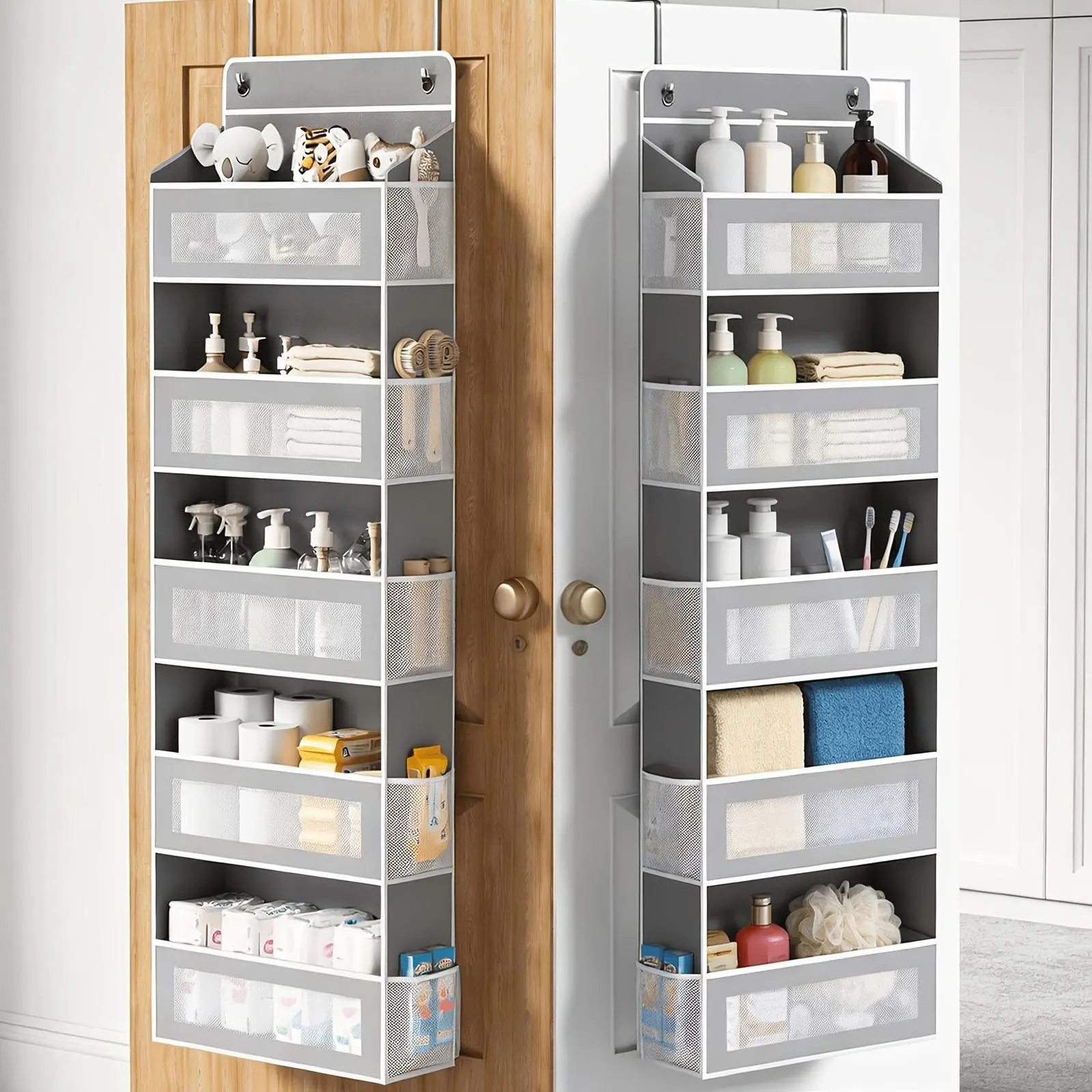 Door Storage Organizer, 5-Tier Hanging Over-the-Door Organizer with 5 Large-Capacity Pockets, Anti-Tip 44 Lbs Load Capacity Back-of-Door Storage Organizer, Suitable for Bedroom, Bathroom, Pantry, Room Storage and Collection Use, Cabinet Hanging Door