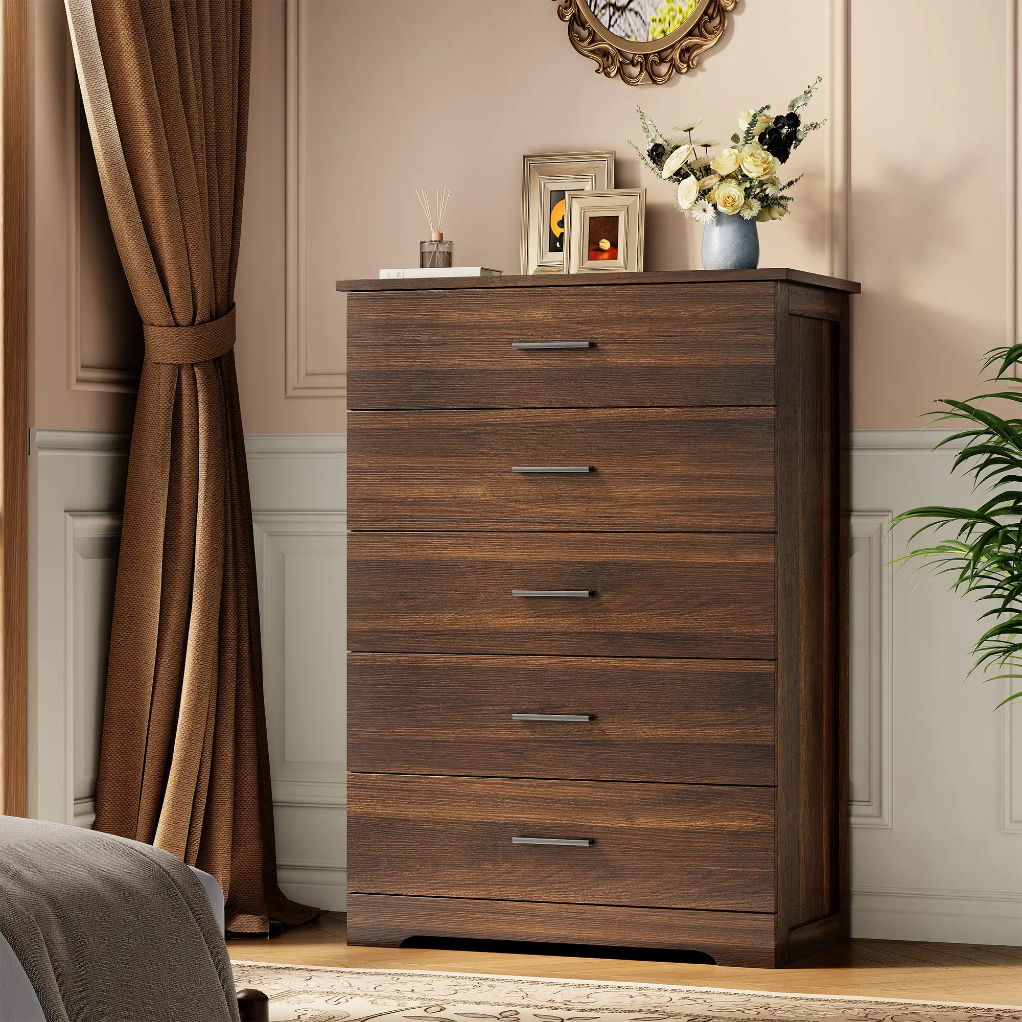 Modern Walnut Wooden 5-Drawer Bedroom Dresser - Sleek Furniture with Metal Handles, Large Storage Organizer for Bedroom, Living Room, Drawers For Bedroom