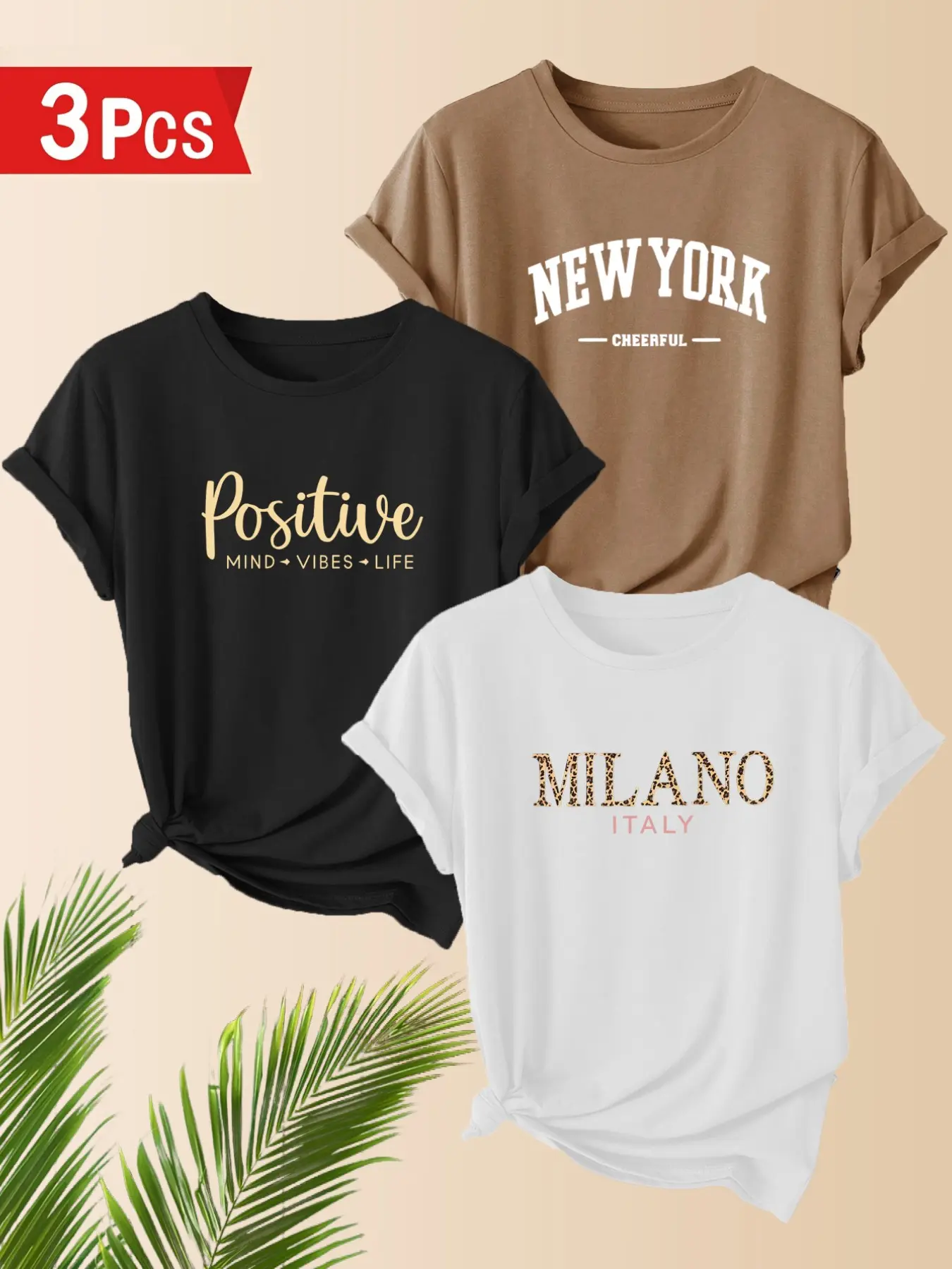 3-Pack Women's Casual T-Shirts, Elegant Letter Print, Polyester, Round Neck Short Sleeve, Comfortable for Spring & Summer, Casual Comfy Top, Casual Everyday Tops