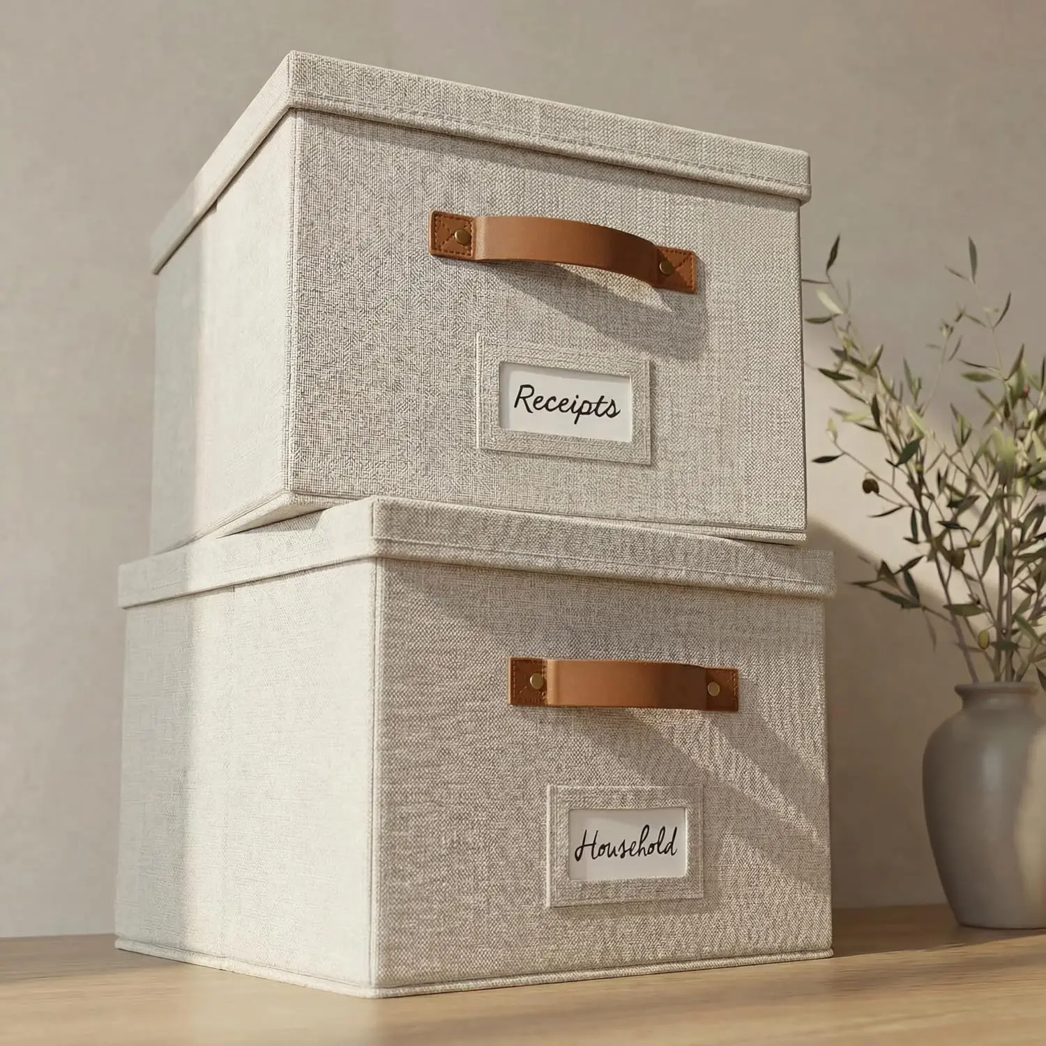 Decorative File Organizer Box Set of 2 - Collapsible Linen Filing Cabinets, Stores Documents and Hanging File Folders, Portable Office Crates with Lid and Handles for Easy Slide Access
