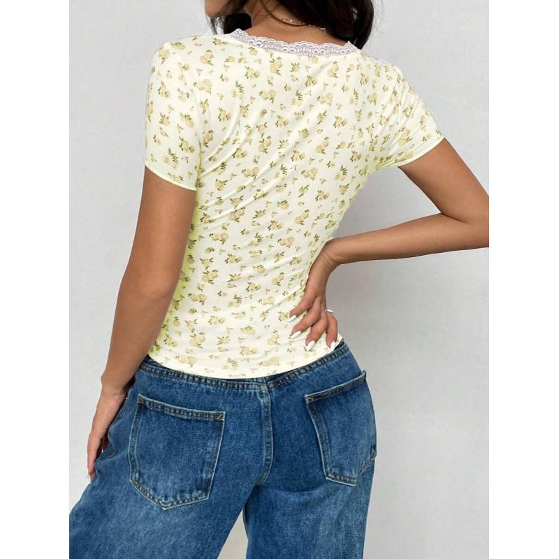 Summer Casual Floral Lace-Trimmed T-Shirt Pattern Women's Top, Slim Fit Cropped T-Shirt, Suitable for Daily Casual Outings, blue floral short sleeve