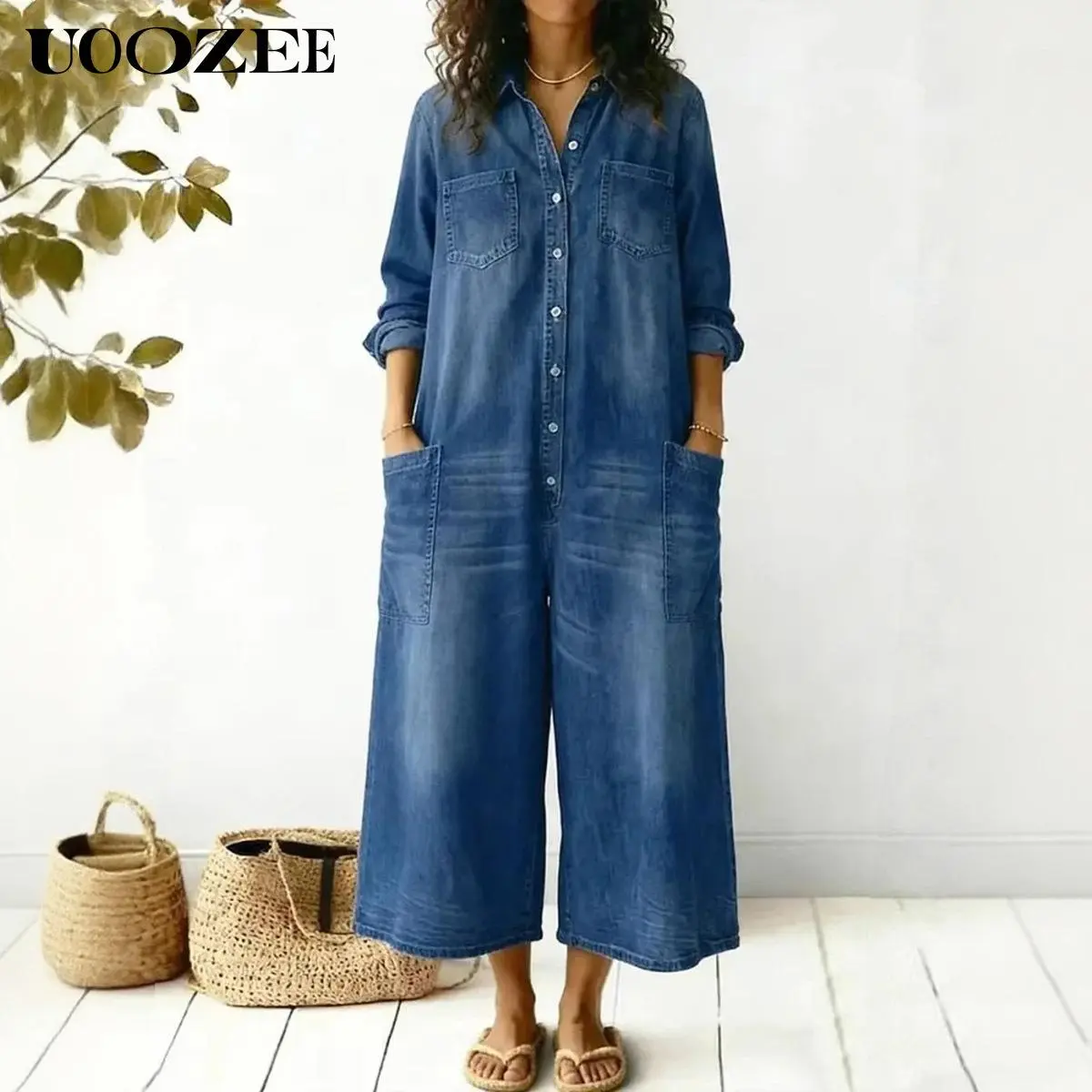 UOOZEE Women's Minimalist Denim Jumpsuit - Collared Long Sleeve Coveralls with Loose Wide-Leg Fit, Layer-Ready Durable Denim to Wear Over a Turtleneck, Durable Denim Stands Up To Repeats, Layer Over Turtleneck