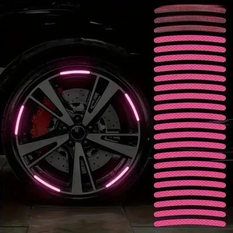 Pink Luminous Reflective Stickers (30-Pack) - Universal Fit Automotive Car Wheel & Tire Hub Decals, Exterior Vehicle Accessories
