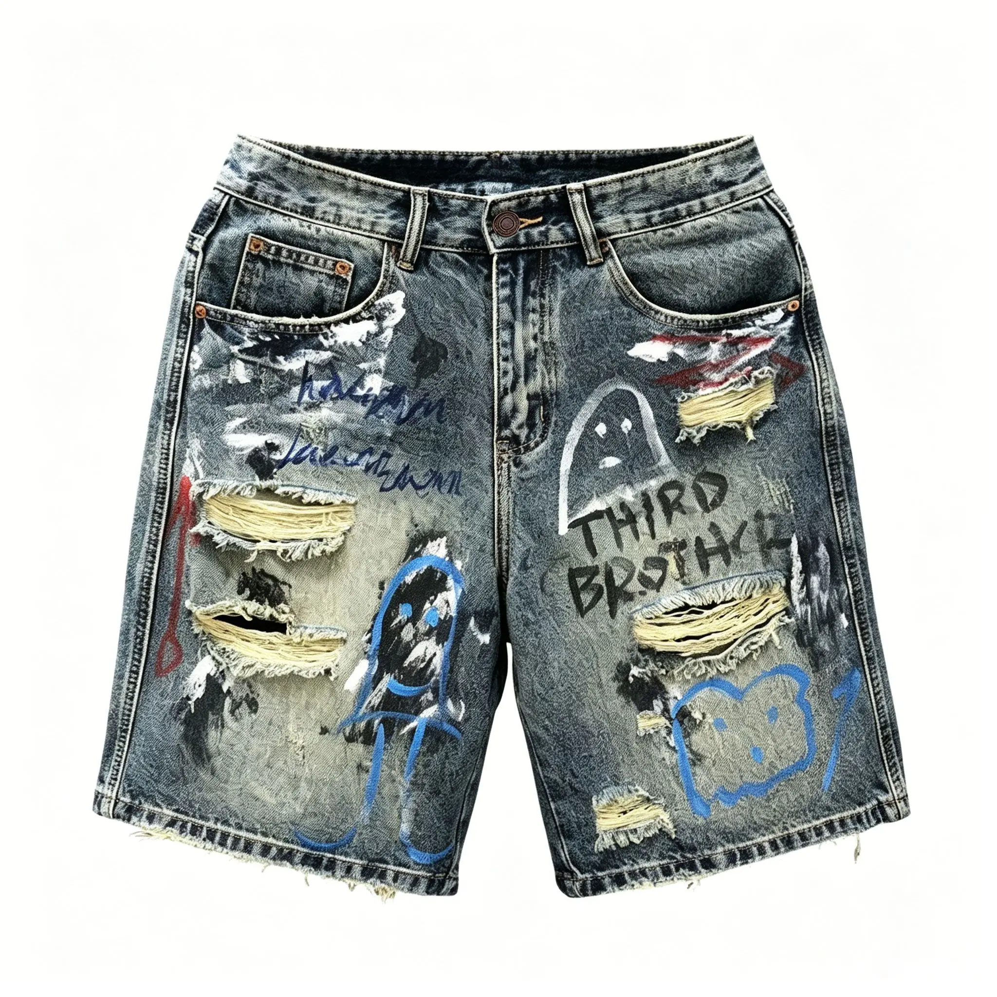 Men's vintage washed graffiti splatter distressed loose denim shorts, knee-length distressed street style denim shorts, hand-painted pattern denim shorts