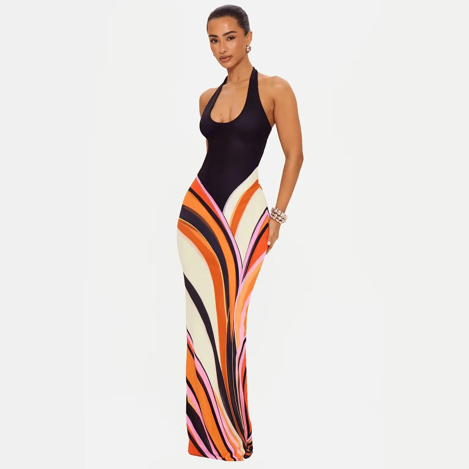 Women Halter Sleeveless Maxi Dress Color Block Print Backless Bodycon Long Dress Summer Party Club Evening Dresses