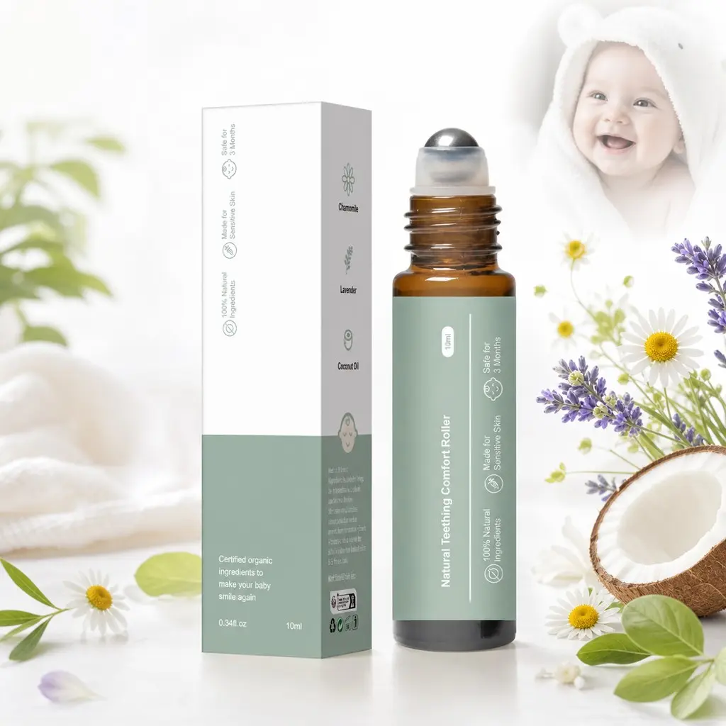 Natural Herbal Teething Oil for Babies, Daily Use Soothing Relief Roller, Safe for 3+ Months, Helps with Fussing & Sleep