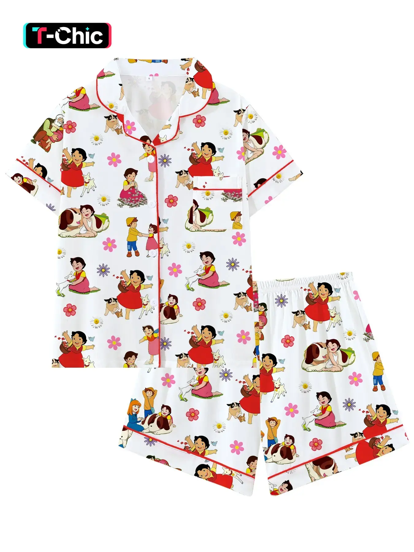 Alpine Girl Cartoon Healing Style Pajama Set, Cute Lapel Short Sleeve Sleepwear, Comfortable for Sleep and Outdoors, Perfect Gift