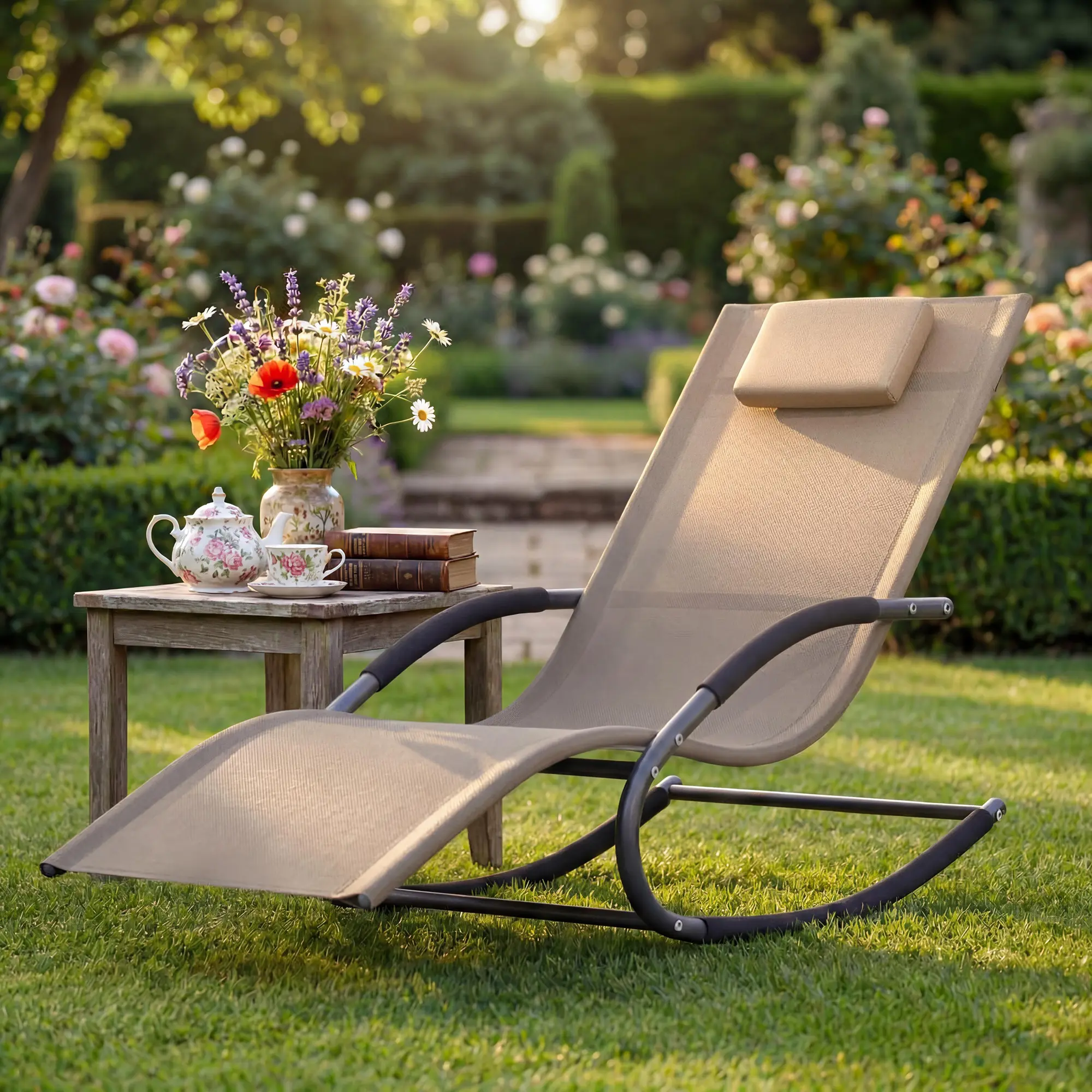 Summervibes Flash sale home items Adjustable Outdoor Lounge Chair – Breathable Mesh Patio Recliner with Sturdy All-Weather Steel Frame, Comfortable NBR Armrests & Pillow, Heavy Duty for Lawn, Garden, Backyard, 300lb Capacity – Brown/Grey