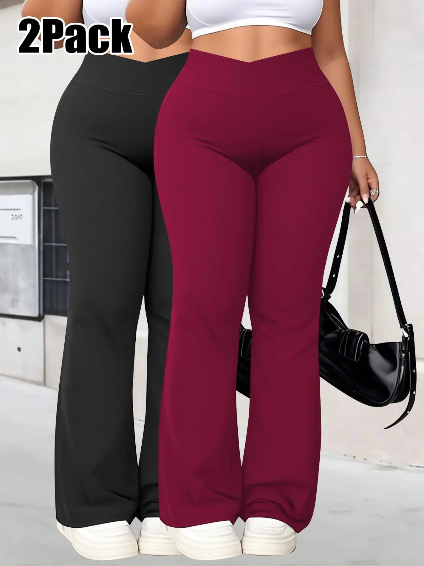 Two-Pack Plus Size Women's V-Neck Cross High-Waist Flare Yoga Pants, High Elasticity Micro Flare Tight Fit, Curvy Body Fitness Sport Wide Leg Long Pants, High Waisted Sportswear