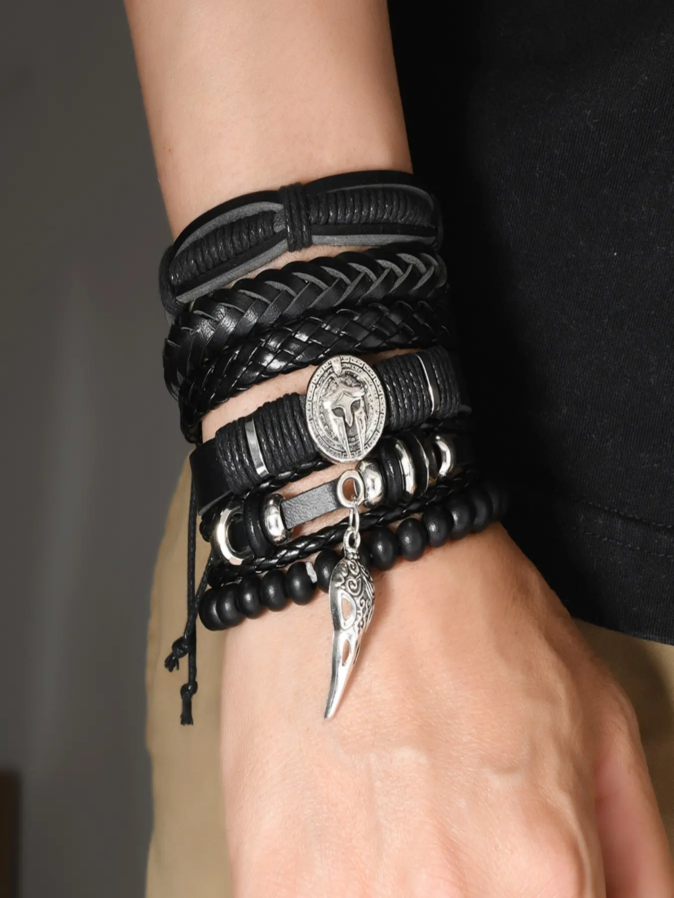 Men's 6-Piece Gothic Viking Leather Bracelet Set, Multi-Layer Cowhide Rope, Spartan Helmet & Raven Skull Charms, Punk Nordic Style Gift, Jewelry Bracelets