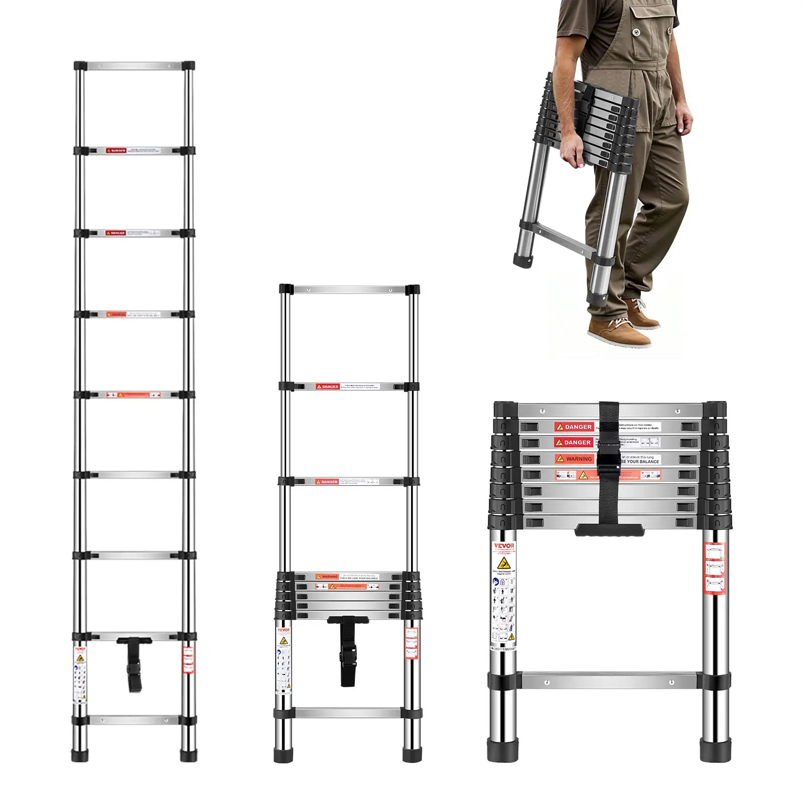 【DealsForYouDays】VEVOR Telescoping Ladder, 8.5ft Stainless Steel Lightweight Extension Ladder, Multi-Button Retraction Collapsible Ladders, 330LBS Capacity Non-Slip Feet, Portable 9-Step Ladders for Home, RV, Loft