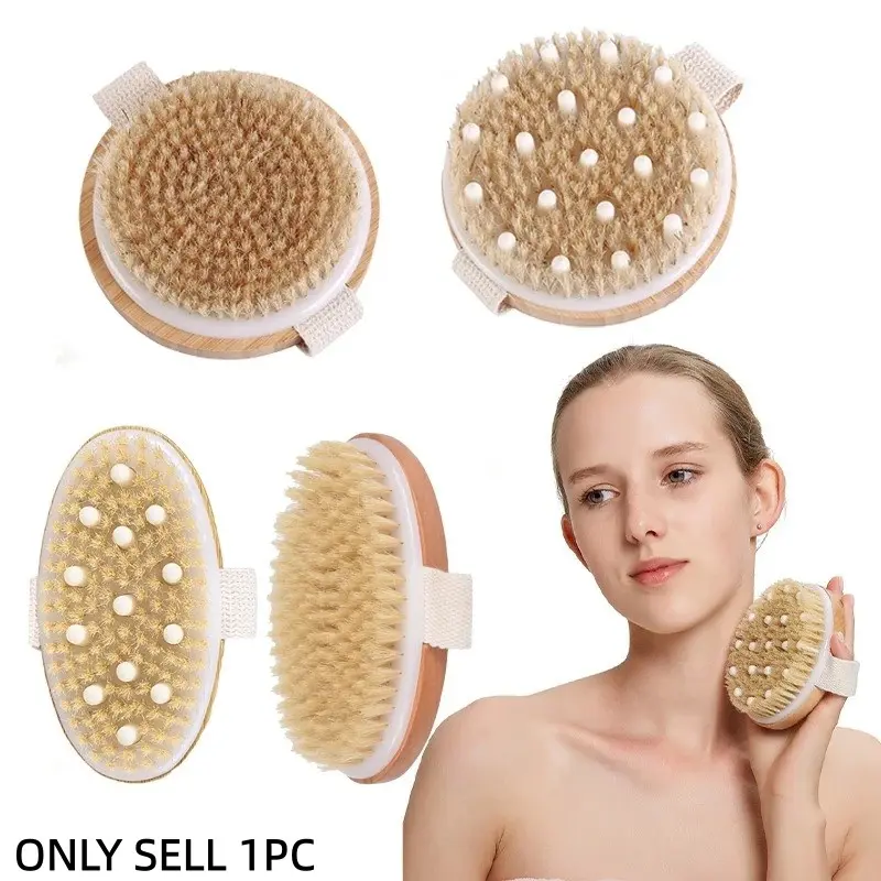 2 In 1 Dry Skin Body Massage Brush Natural Bristle Dead Skin Remover Anti Cellulite Exfoliates Blood Circulation Massage Tools Shower Brush Back Body Scrubber