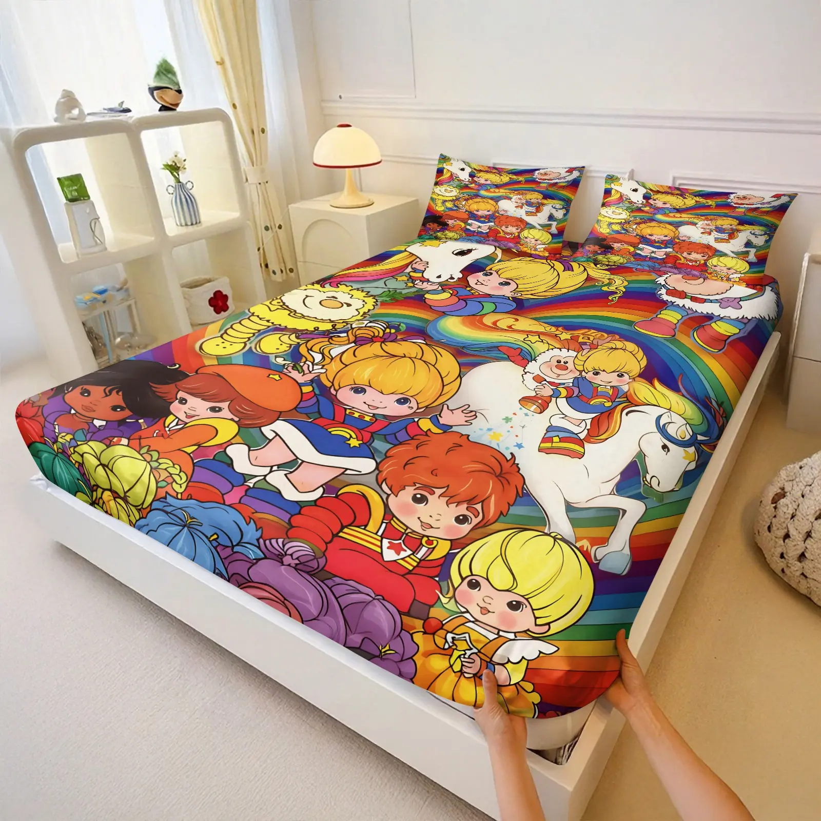 Full Print Retro Rainbow Brite Little Pony Fitted Sheet Set, Bright Multi-Color Nostalgic Kids Bed Sheet Pillowcase Set, Dorm Apartment Decor