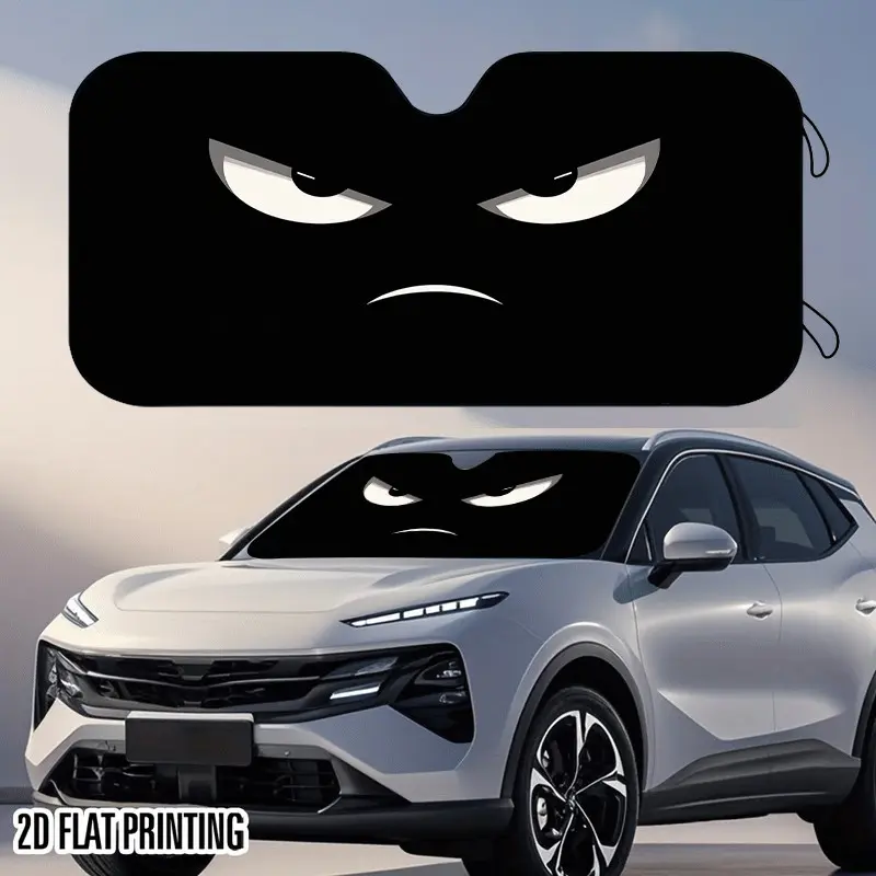 Universal Foldable Car Windshield Sun Shade, Solid Black Base Grumpy Sad Frown Mouth White Eyes Graphic, UV Protection Car Front Sun Visor, Portable Foldable 2D Print Car Windshield Sunshade, 2 Free Suction Cups Included For Vehicles