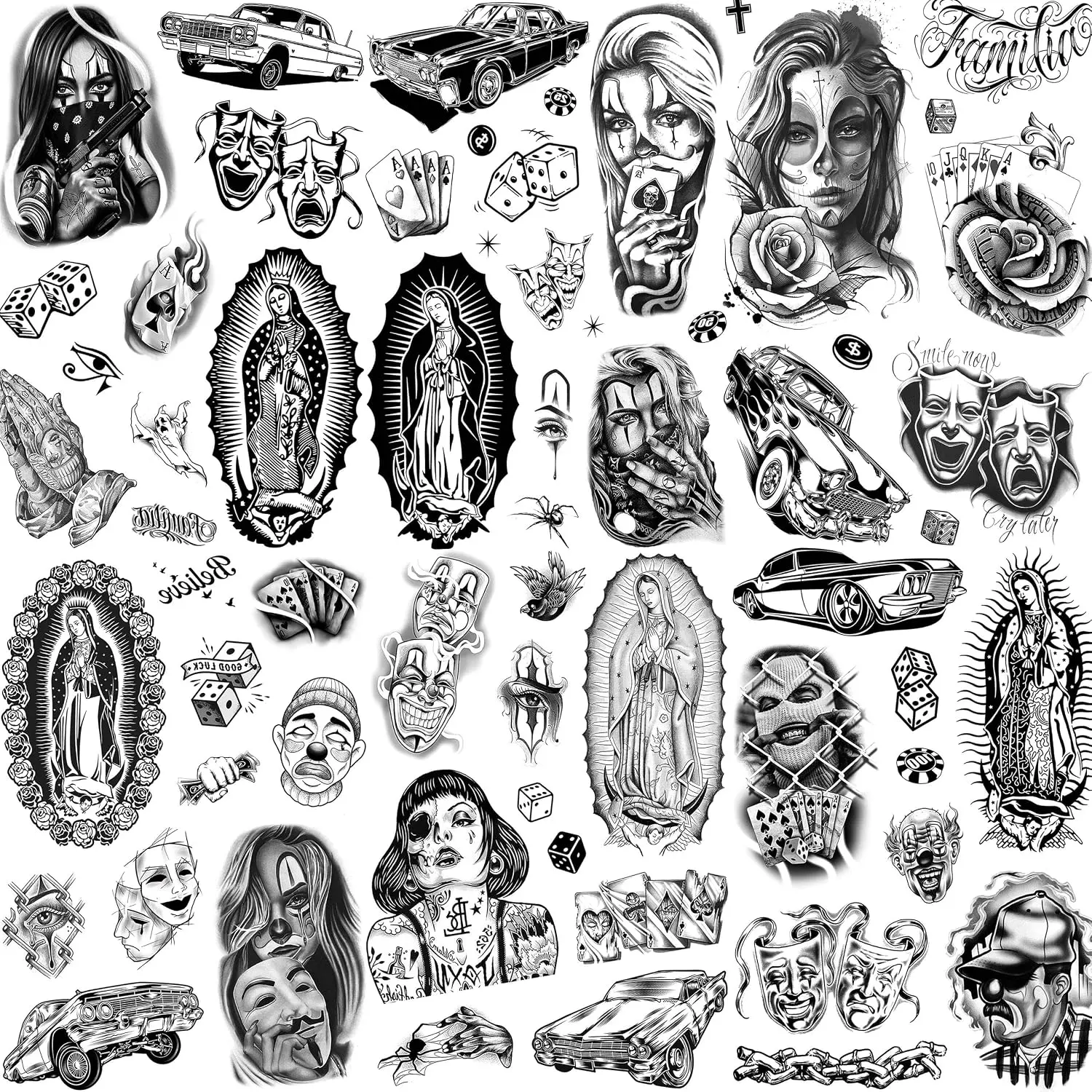 6 Sheets Large Chicano Temporary Tattoos For Men Women Adult, Chicana Guadalupe Gangster Fake Tattoos Prisoner Day of the Dead, Halloween Mexico Tattoo Stickers, Tatuajes Temporales Autocolante,sleeve,woman,,body,art,henna,cone,herbal,,,h,equipment,,pain,