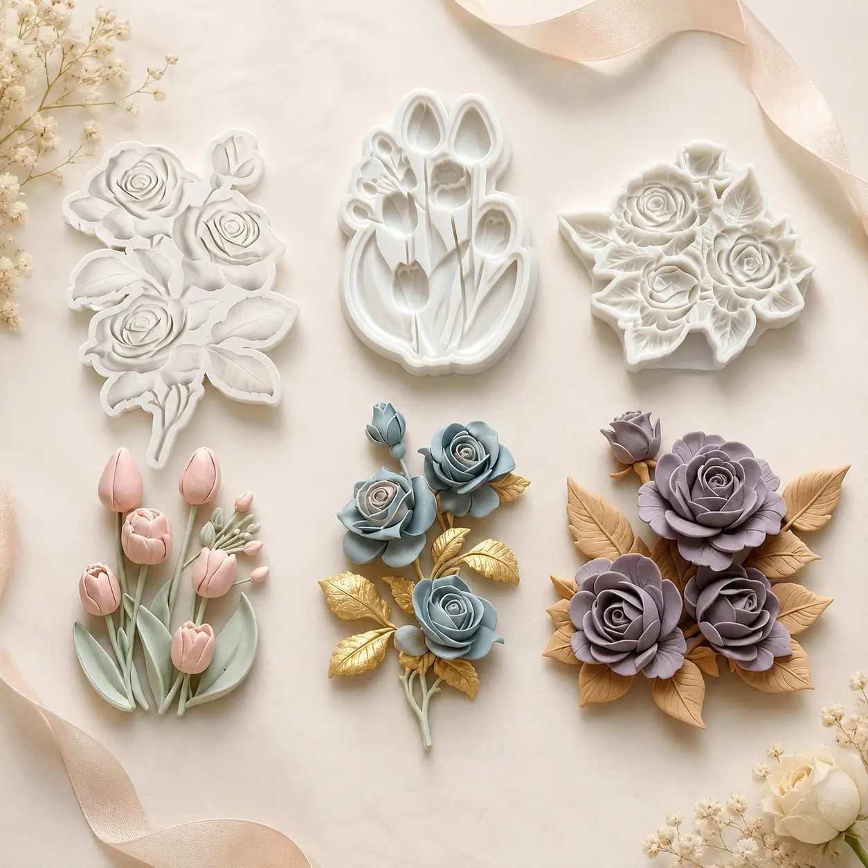 3Pcs Floral Silicone Candy Mold Set, Rose & Tulip Chocolate Molds for Candy, Gummy, Jelly, Fondant, Cake Decorations, DIY Valentine’s Day Wedding Dessert Gift Making