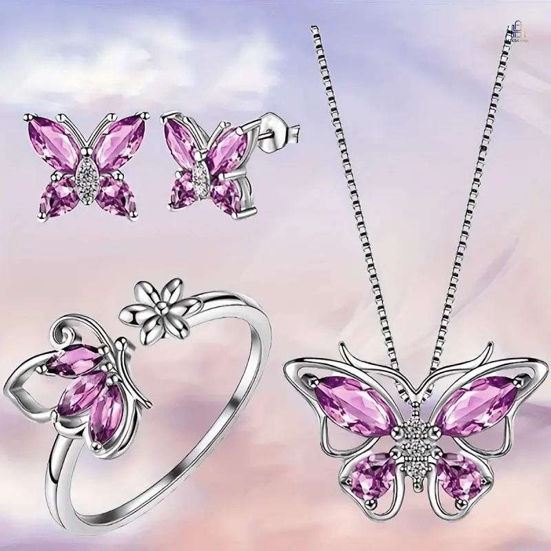 4 Pieces Butterfly Jewelry Set Including Stud Earrings And Ring, Multi-Color Butterfly Pendant Decorative Ornaments, Lightweight Daily Wearing Accessory For Women Daily Outfit Matching And Casual Holiday Small Gift