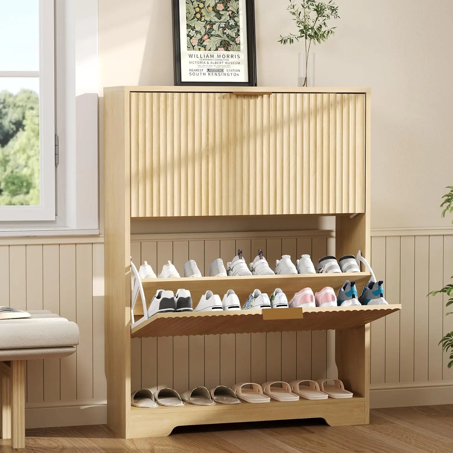 GARVEE Modern Narrow Fluted Shoe Storage Cabinet with 2 Rotatable Drawers & Adjustable Inner Shelf, Open Compartment Design Wooden Shoe Organizer, Space-Saving Shoe Rack for Entryway, Hallway & Foyer