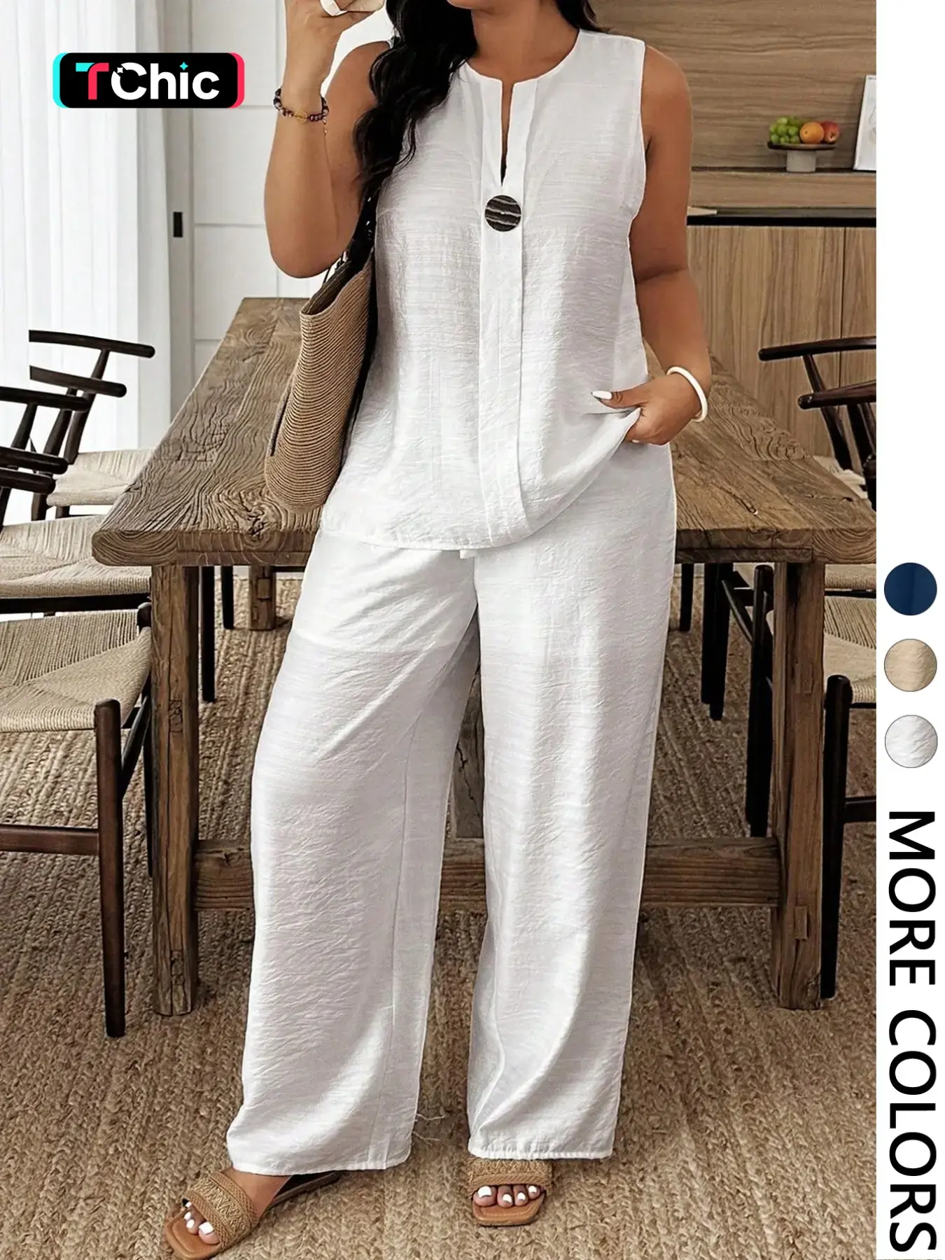 Women's V-Neck Sleeveless Top + Loose Fit Long Pants Set, Casual Chic Comfortable for Everyday Wear, Beach Essential Clothing Set