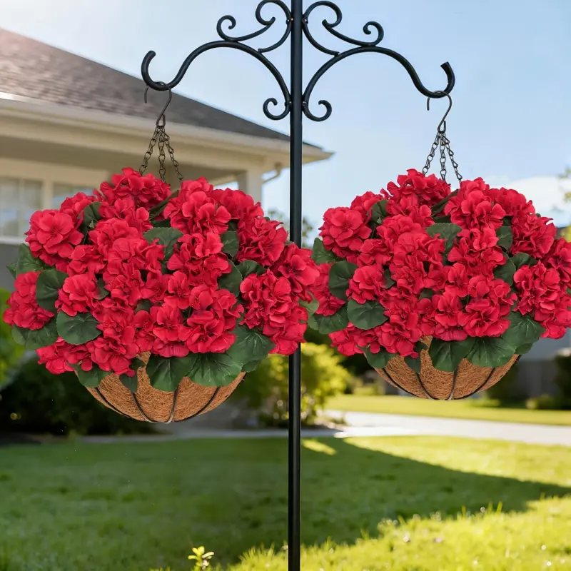 2 Sets Hanging Baskets with 12 Pcs Red Geraniums - UV Resistant Artificial Flowers for Christmas, Thanksgiving, Holiday Porch, Garden & Patio Decor, No Watering, Fade Proof, All-Weather, Great for Gifting