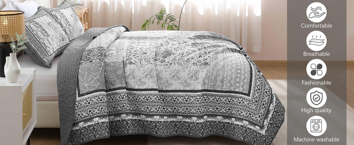 Grey Set King Size,Bohemian Floral Patchwork Bedspread Coverlet Set, Soft 3 Pieces Boho Bedspreads Bedding Set for All (104"x90")