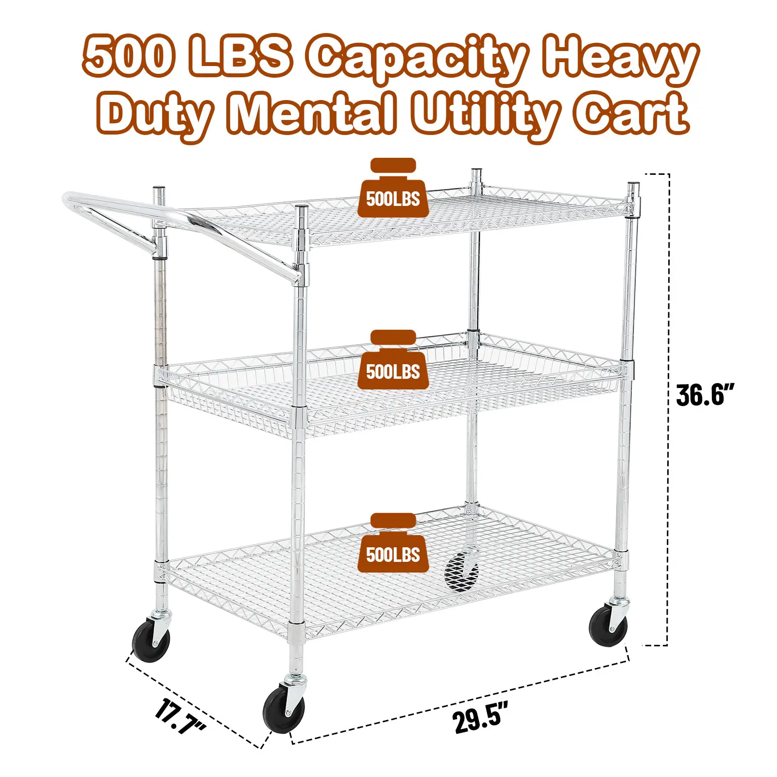 Heavy Duty 2-Tier Steel Rolling Utility Cart, Commercial Service Trolley Equipped with Adjustable High & Low Handles, Multipurpose Mobile Storage Organizer Cart for Office, Restaurant and Kitchen Use