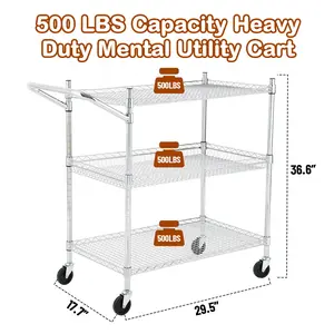 Heavy Duty 2-Tier Steel Rolling Utility Cart, Commercial Service Trolley Equipped with Adjustable High & Low Handles, Multipurpose Mobile Storage Organizer Cart for Office, Restaurant and Kitchen Use